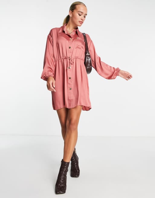 River Island satin utility mini shirt dress in brown ASOS