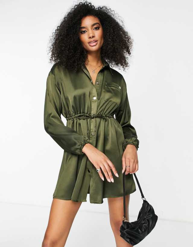 River Island satin utility mini shirt dress in khaki