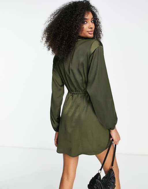 Khaki Silky Shirt Dress