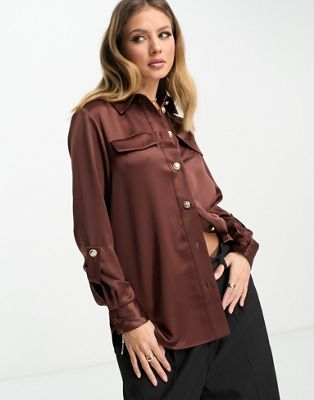 River Island satin utility shirt in dark brown - ASOS Price Checker