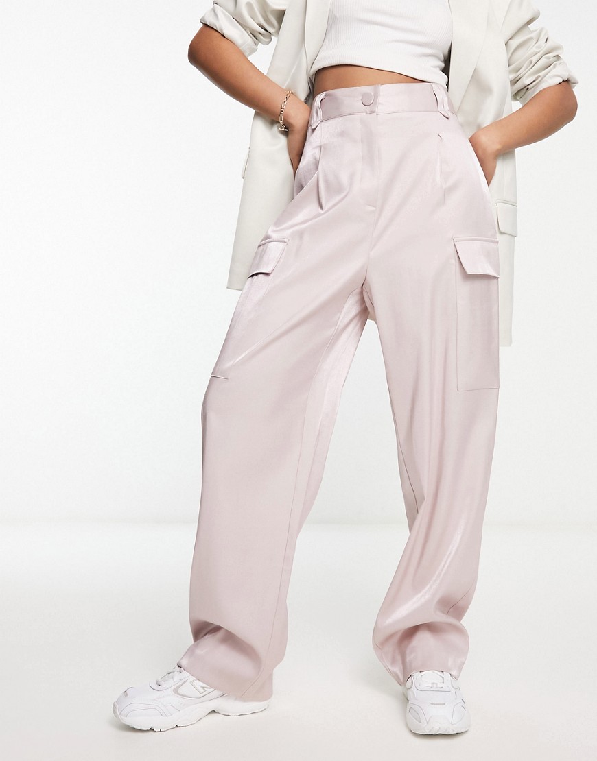 River Island satin utility trousers in light pink-Neutral