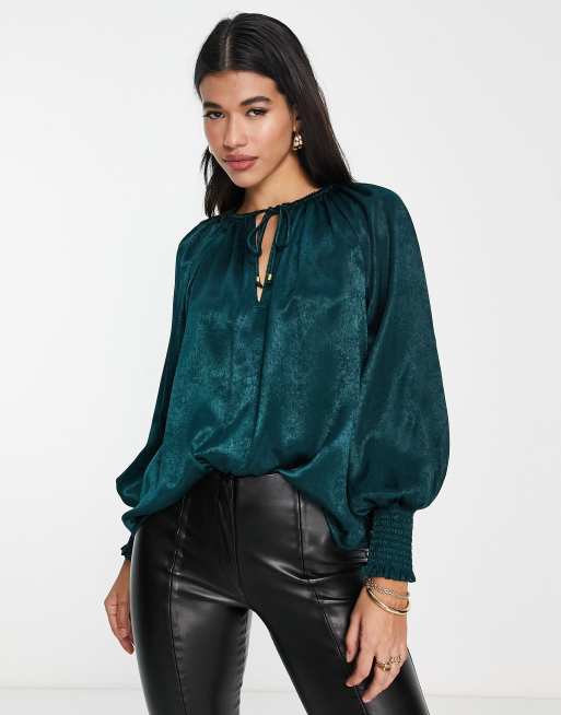 River Island satin volume sleeve blouse in dark green | ASOS