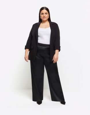 River Island satin wide leg trousers in black