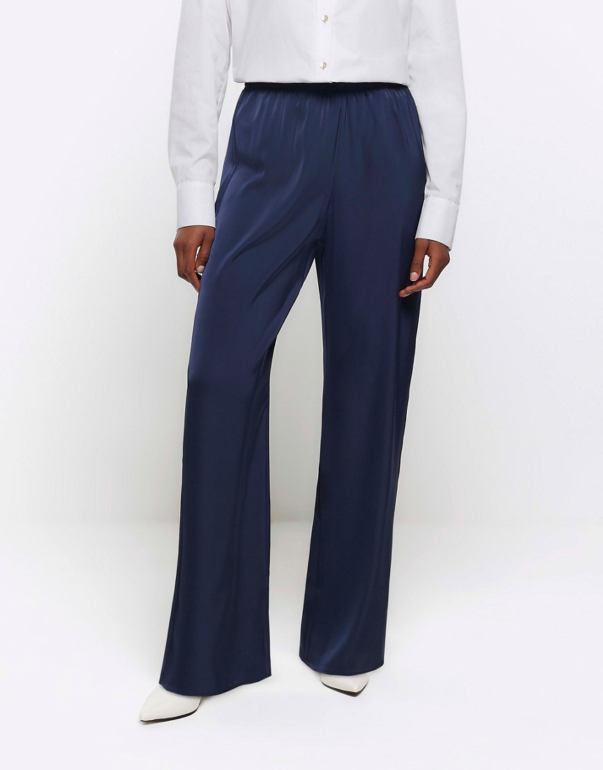 River Island Satin wide leg trousers in navy