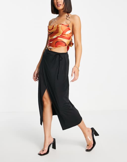 Satin wrap clearance midi skirt black