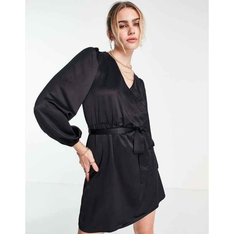 River Island satin wrap mini dress in black