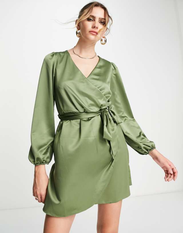 River Island satin wrap mini dress in khaki