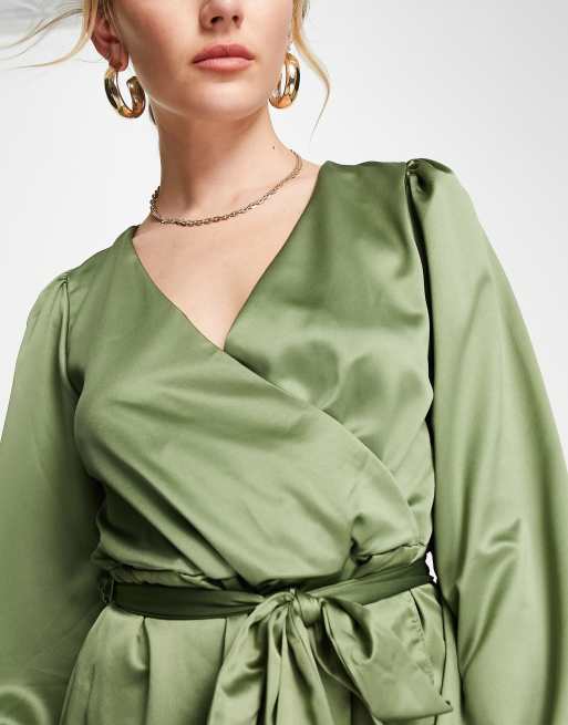 Khaki satin best sale wrap dress