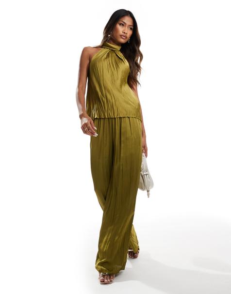 River Island – Satynowe plisowane spodnie z szerokimi nogawkami w kolorze khaki, część zestawu - view 1
