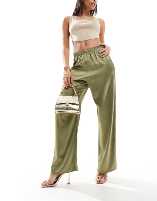 River Island – Satynowe spodnie palazzo z szerokimi nogawkami w kolorze khaki 