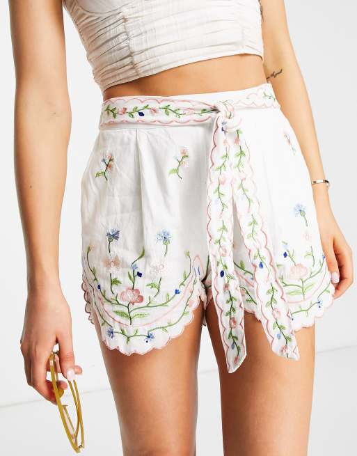 River Island scalloped hem embroidered shorts in white - part of a set