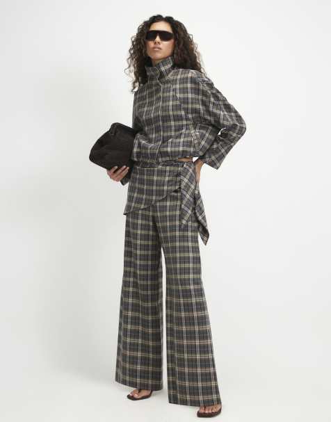 River Island Scarf detail check wide leg trousers in green - view 1