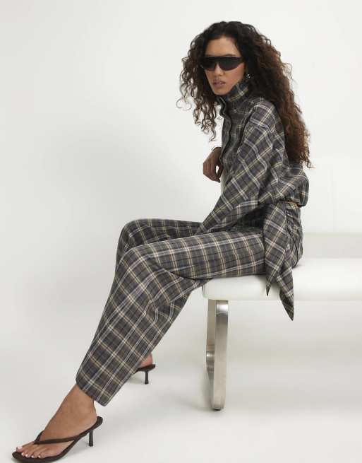 River Island Scarf detail check wide leg trousers in green, 2 of 4