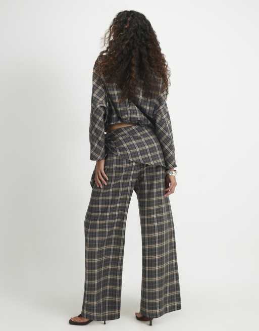 River Island Scarf detail check wide leg trousers in green, 4 of 4