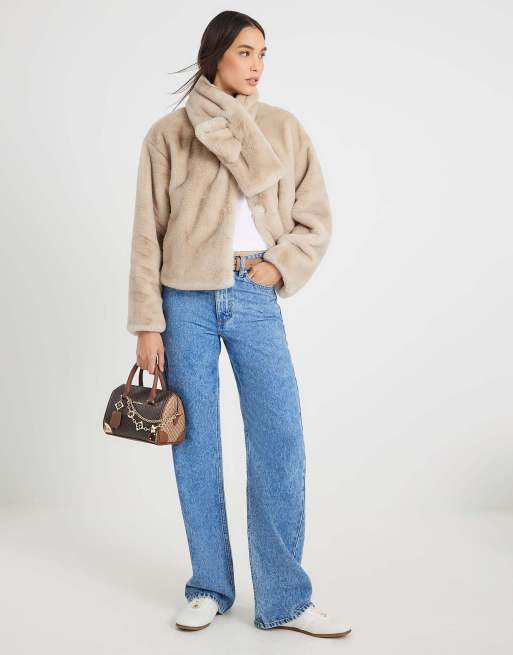 River Island Scarf detail faux fur coat in cream, 2 of 4