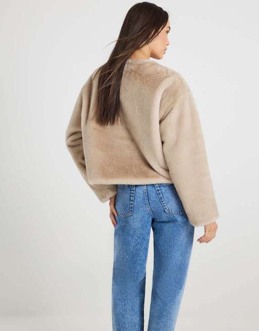 River Island Scarf detail faux fur coat in cream, 4 of 4