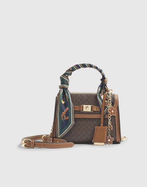 River Island Scarf detail monogram print tote bag in brown - dark - view 1