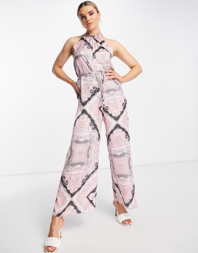 River Island - scarf print halter jumpsuit in pink