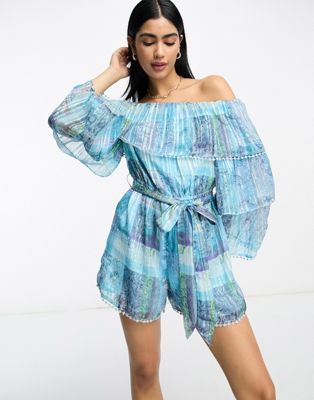River Island scarf print playsuit in blue