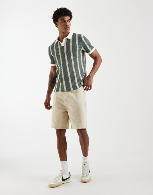 River Island – Schmal geschnittenes, gehäkeltes Polohemd in Grün mit offenem Ausschnitt, 2 von 5