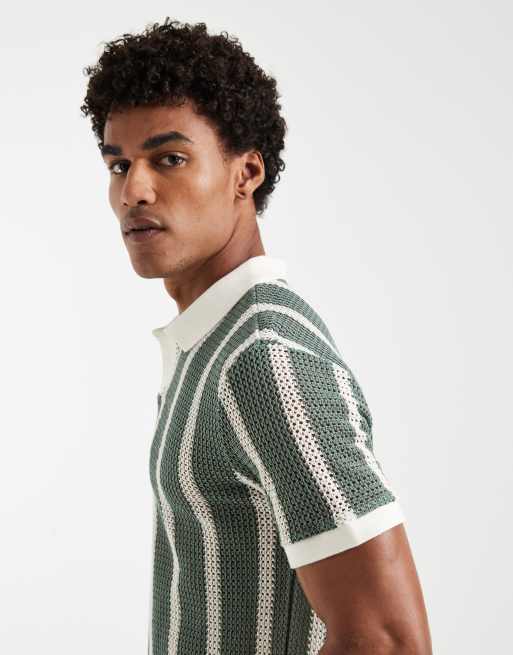 River Island – Schmal geschnittenes, gehäkeltes Polohemd in Grün mit offenem Ausschnitt, 4 von 5