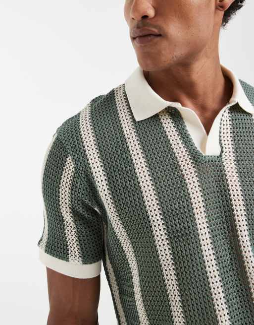 River Island – Schmal geschnittenes, gehäkeltes Polohemd in Grün mit offenem Ausschnitt, 5 von 5
