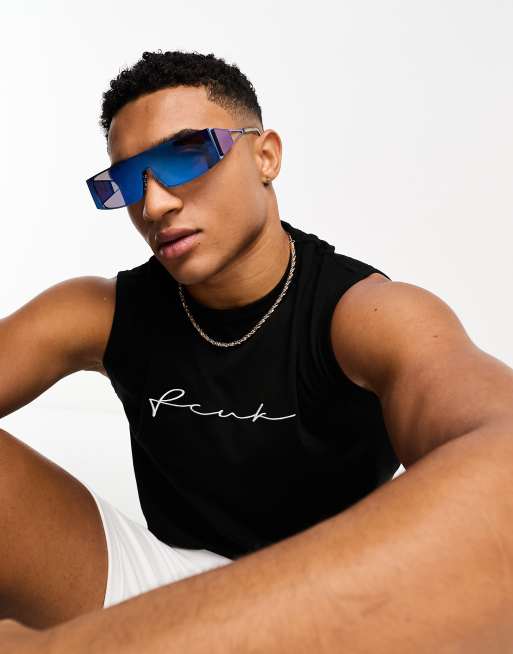 River Island – Schmale Visor-Sonnenbrille aus Metall in Blau