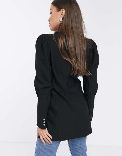 River Island Schwarzer Langer Blazer Mit Puffarmeln Asos