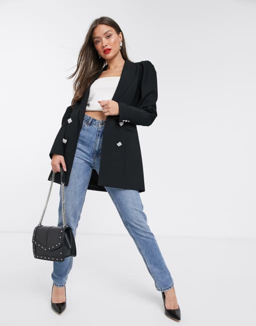 River Island Schwarzer Langer Blazer Mit Puffarmeln Asos