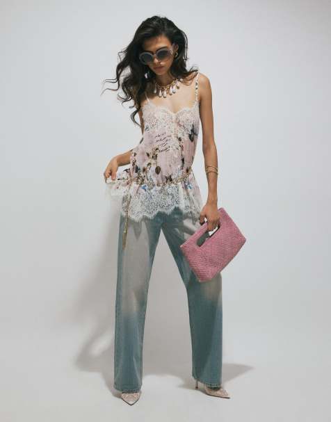 River Island Script print lace cami top in cream - view 1