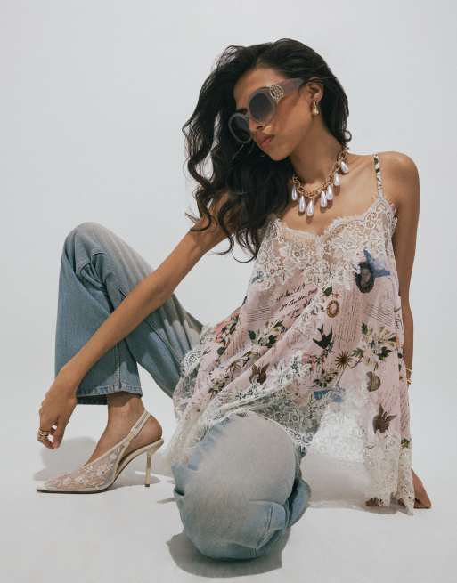 River Island Script print lace cami top in cream, 2 of 4