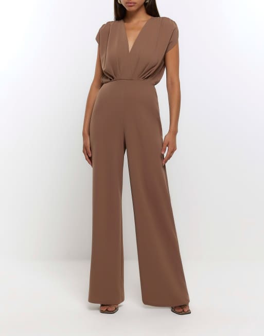 River Island Scuba wide leg jumpsuit in brown