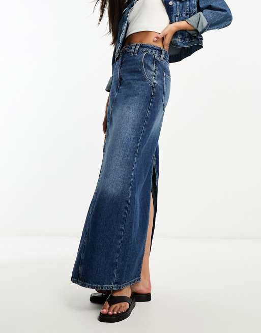 Long denim skirt river island sale