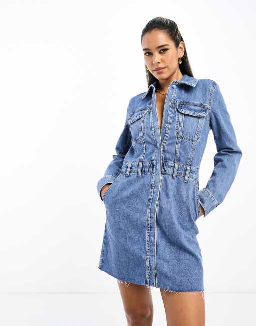 River Island seam detail denim mini dress in blue | ASOS