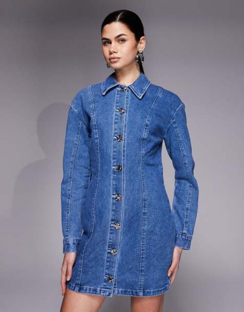 River Island seam detailed button up denim mini dress in medium denim