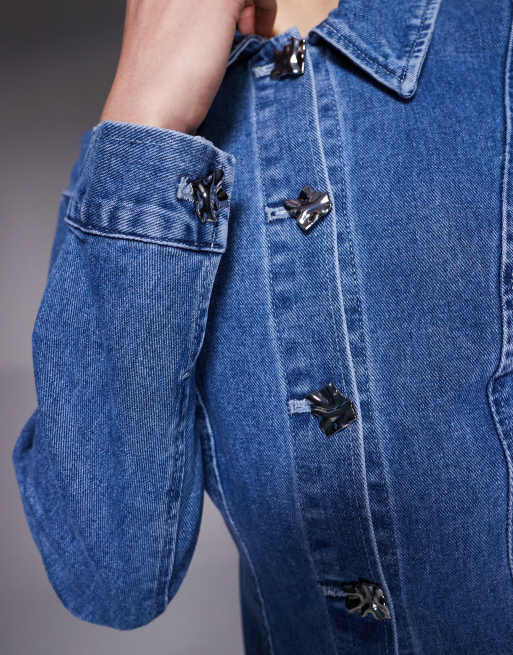 River Island seam detailed button up denim mini dress in medium denim, 4 of 4