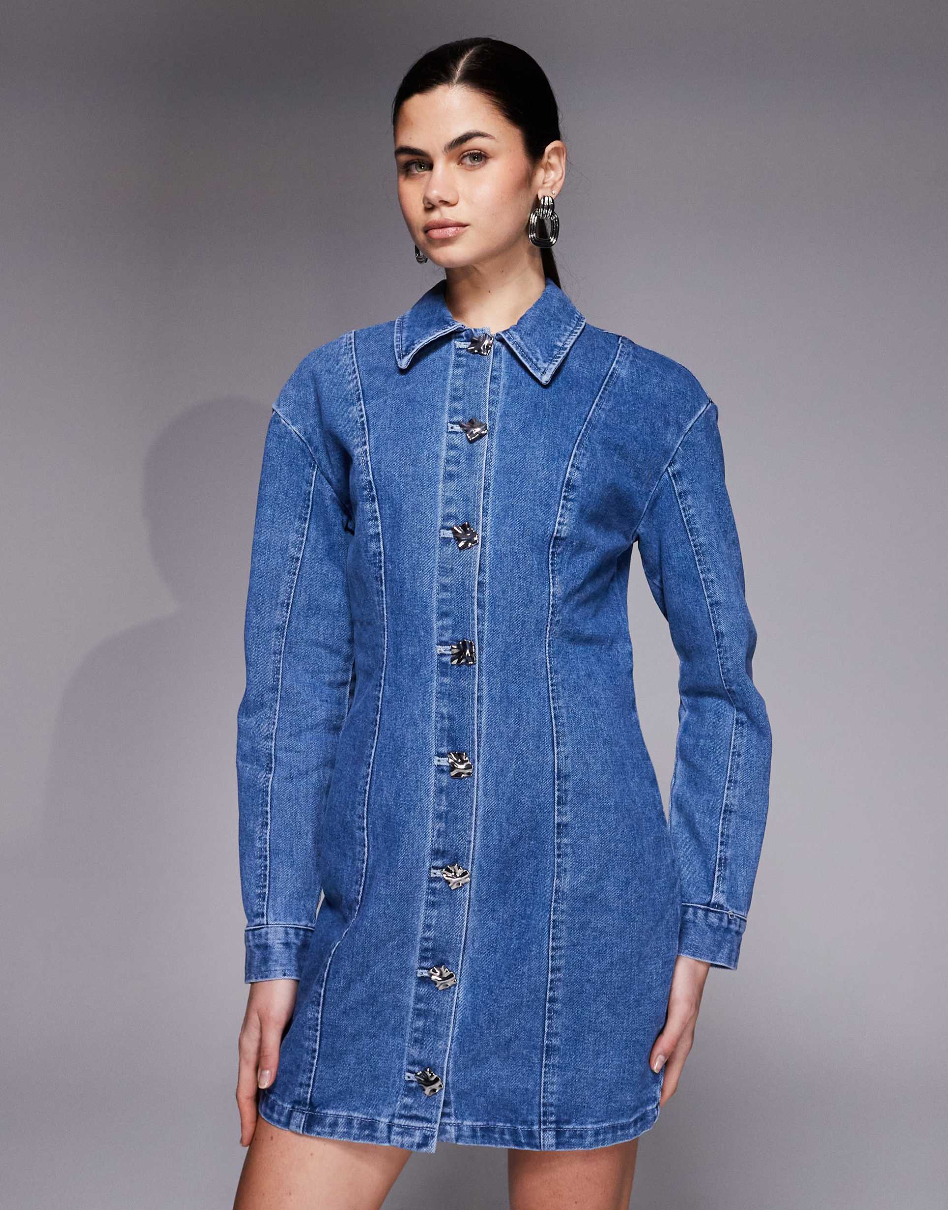 river island seam detailed button up mini dress in medium denim