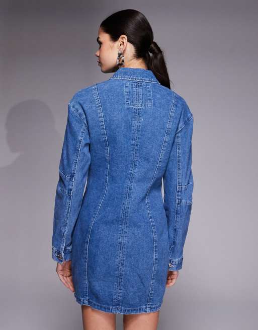 River Island seam detailed button up mini dress in medium denim, 2 of 4