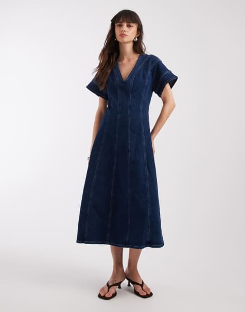 River Island seam detailing dress in dark denim - view 1