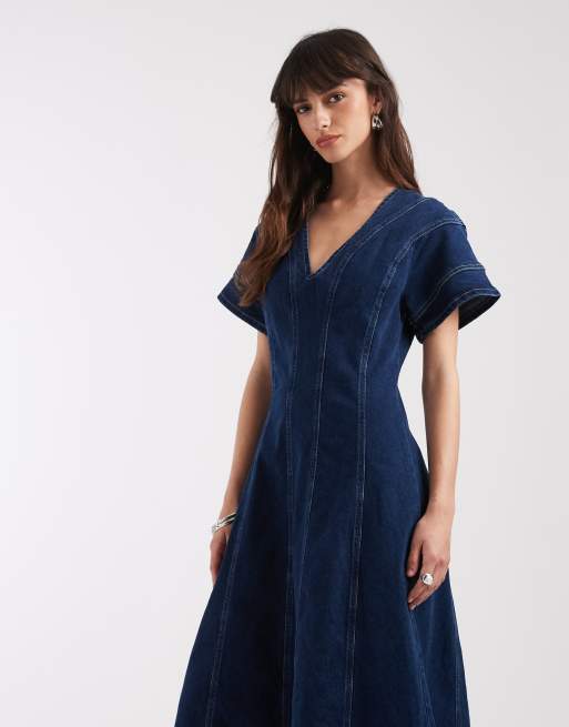 River Island seam detailing dress in dark denim, 2 of 4