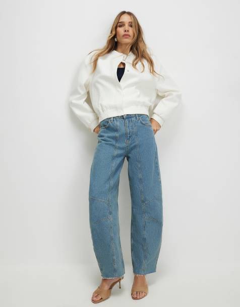 River Island seamed raw hem barrel jean in medium denim