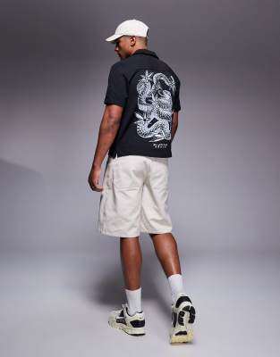 seersucker shirt with Japanese snake embroidery in black