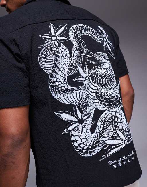 River Island seersucker shirt with Japanese snake embroidery in black, 3 of 4