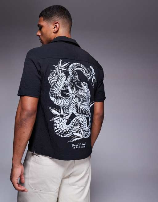 River Island seersucker shirt with Japanese snake embroidery in black, 4 of 4