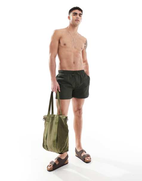 River Island seersucker swim trunks in khaki - view 1