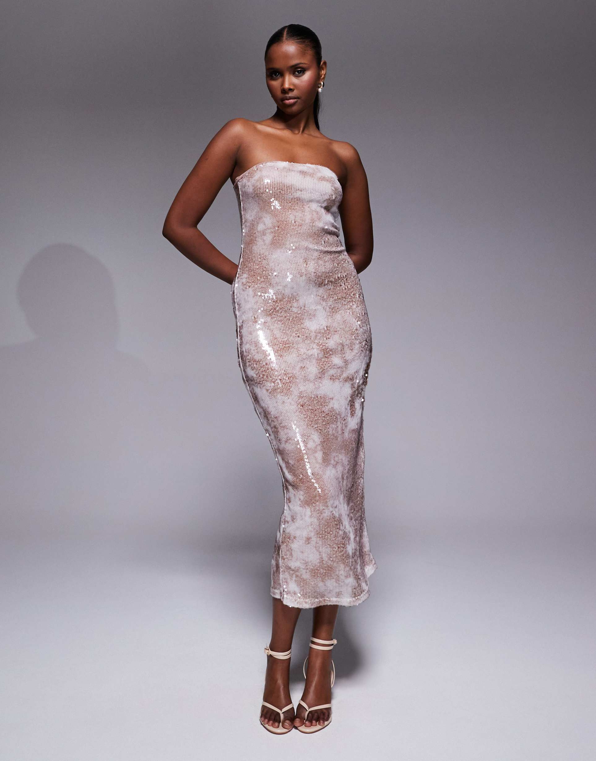 river island sequin bandeau midi dress in light pink