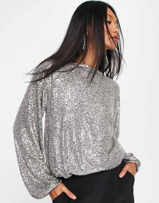 River Island sequin bodysuit in silver | ASOS