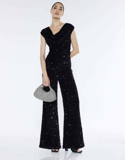River Island Sequin cowl neck jumpsuit in black - view 1