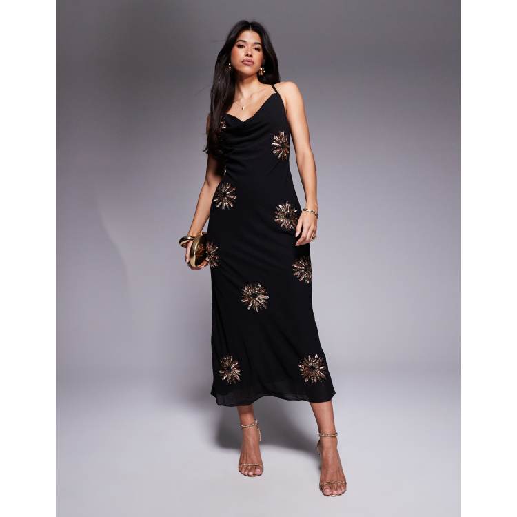 River Island sequin cowl neck maxi dress in black ASOS