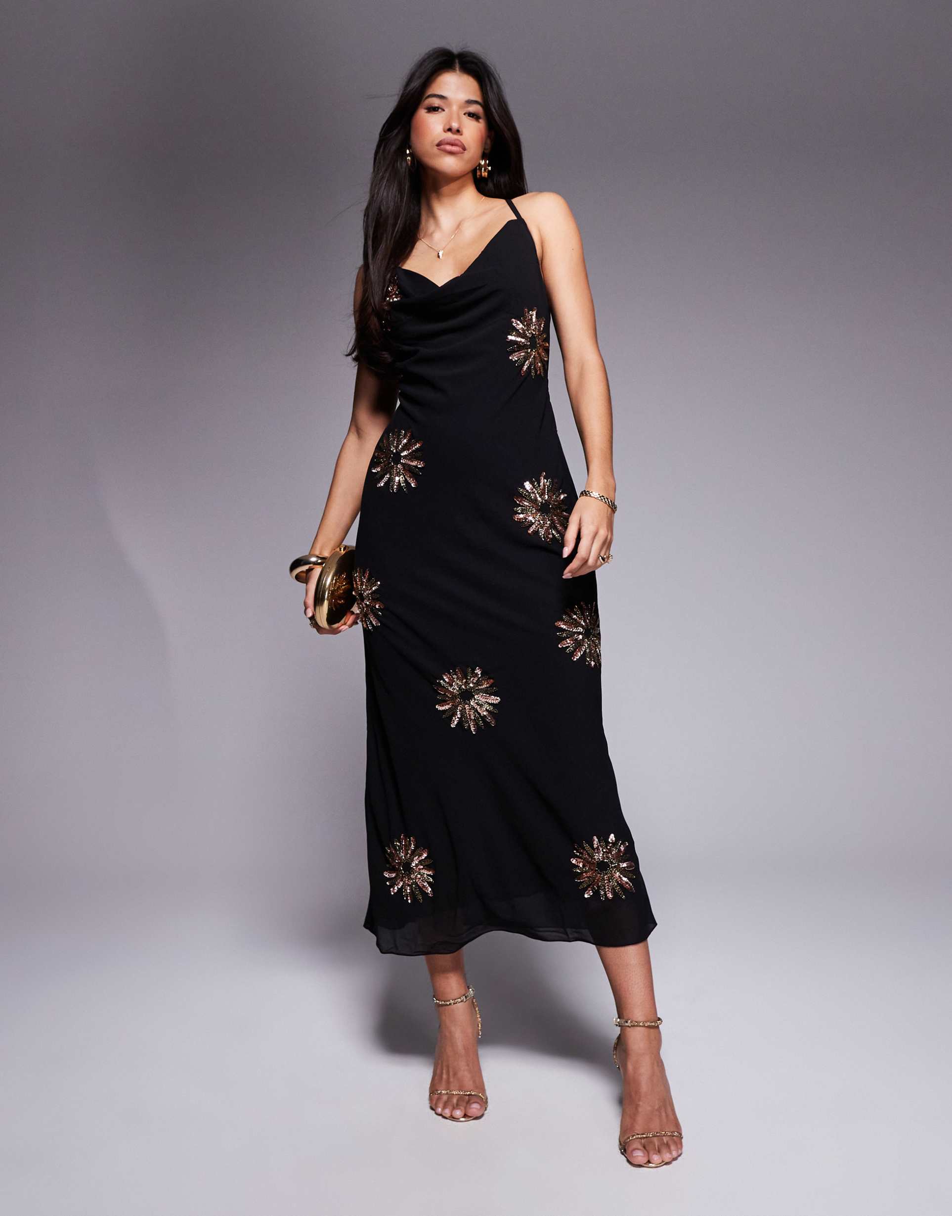 river island sequin cowl neck maxi dress in black